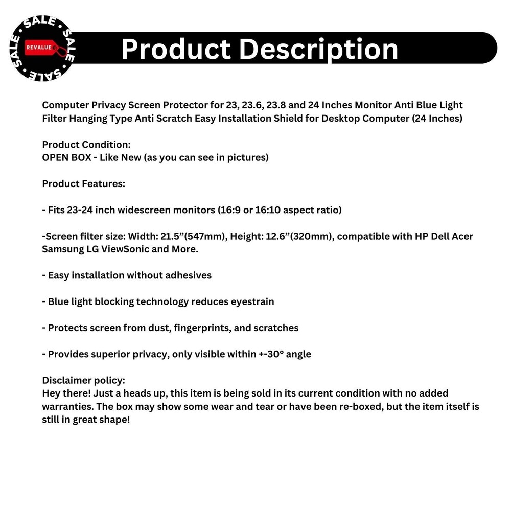 24" Computer Privacy Screen Protector Filter 16:9 Widescreen Monitor AntiGlare‎ - Picture 2 of 8